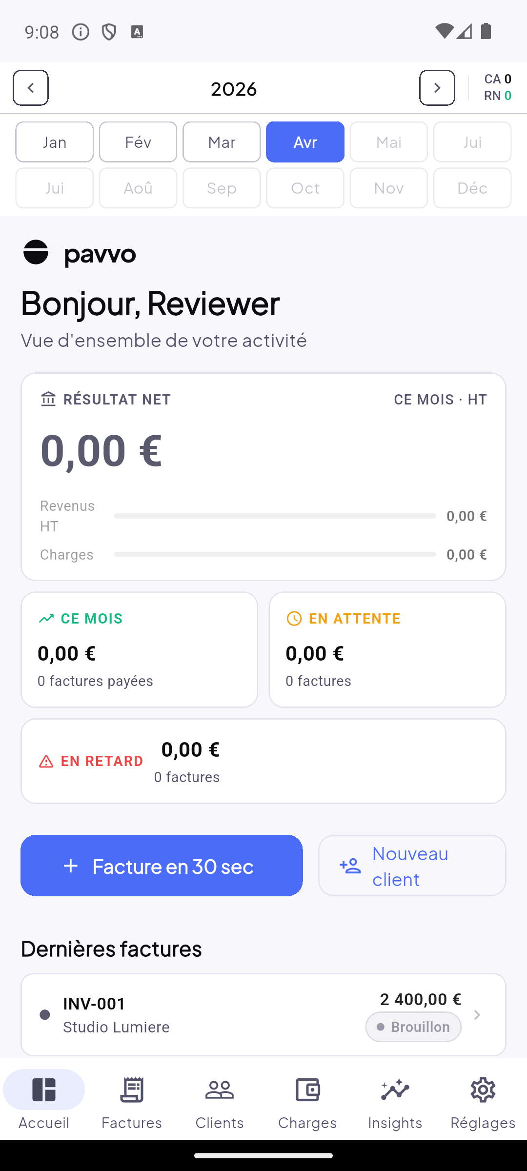 Dashboard Pavvo — vue d'ensemble des factures